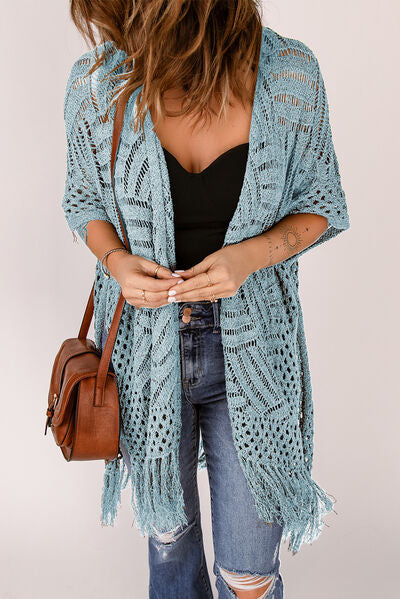 Openwork Open Front Cardigan with Fringes - Charming Charlie