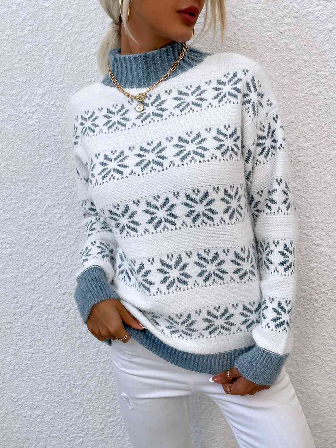 Snowflake Pattern Mock Neck Sweater - Charming Charlie