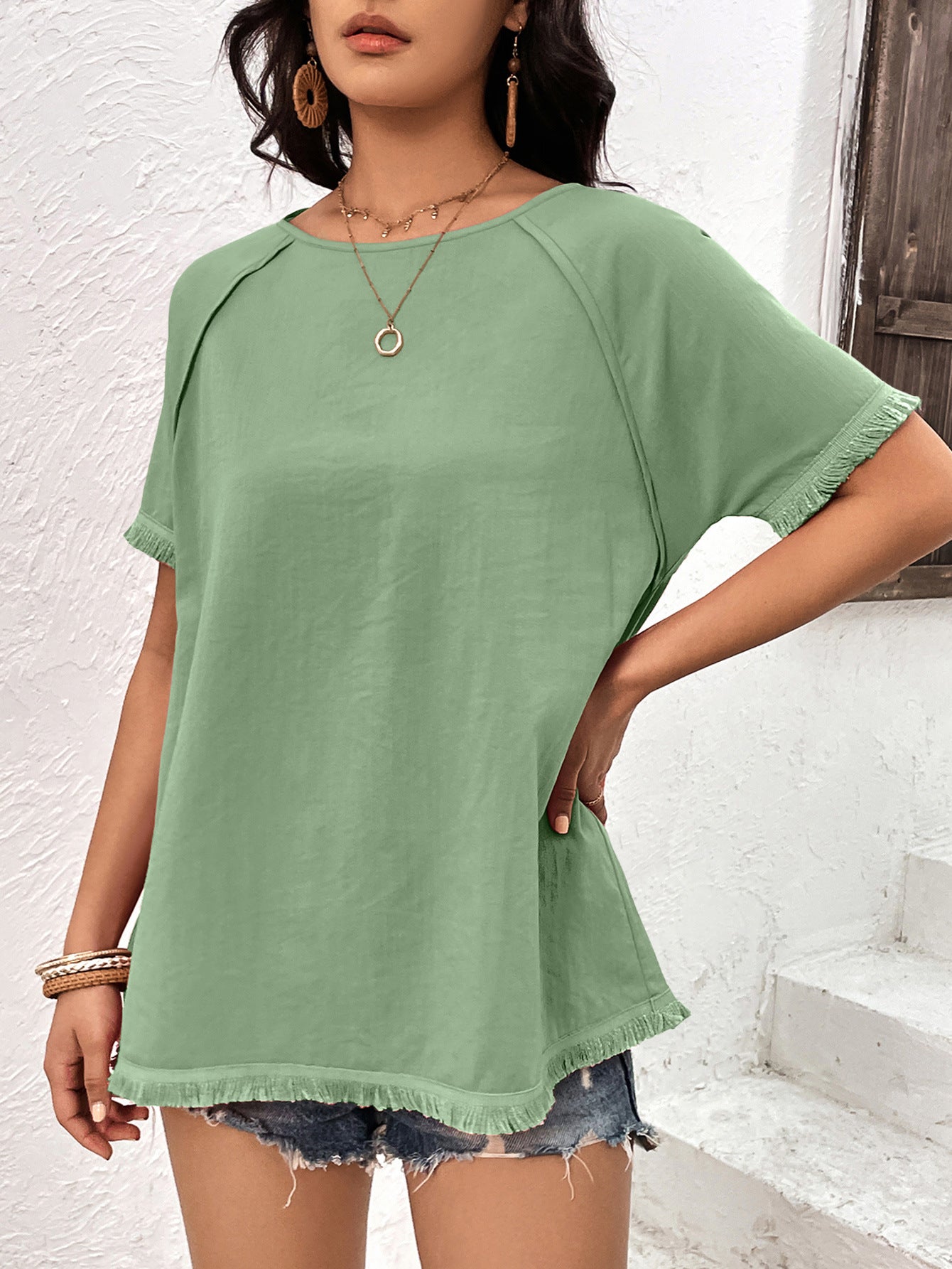 Round Neck Raglan Sleeve Fringe Detail Top - Charming Charlie