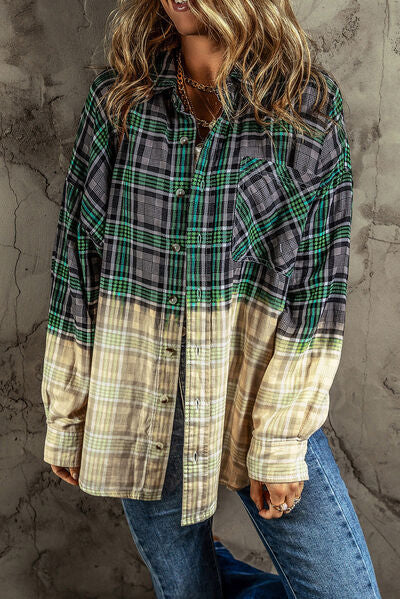 Contrast Plaid Button Up Long Sleeve Shacket - Charming Charlie