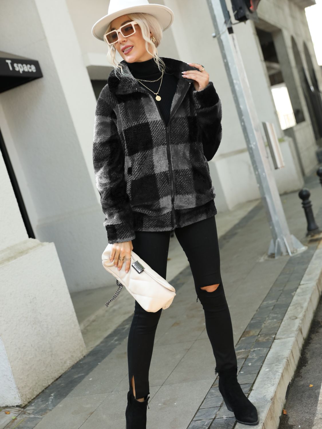 Plaid Zip-Up Collared Jacket - Charming Charlie