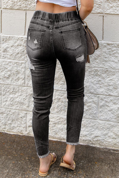 Drawstring Distressed Raw Hem Jeans with Pockets - Charming Charlie