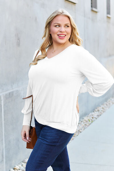 Basic Bae Full Size V-Neck Lantern Sleeve Blouse - Charming Charlie