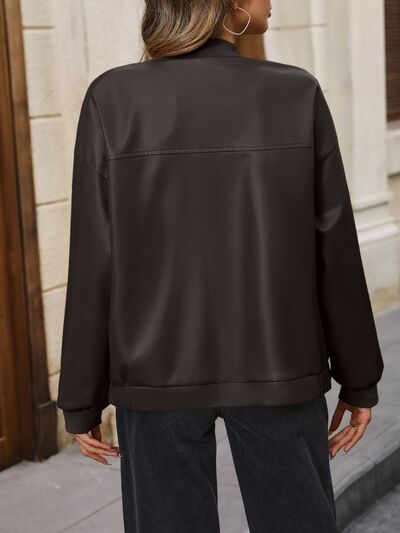 Zip Up Baseball Collar Dropped Shoulder Jacket - Charming Charlie