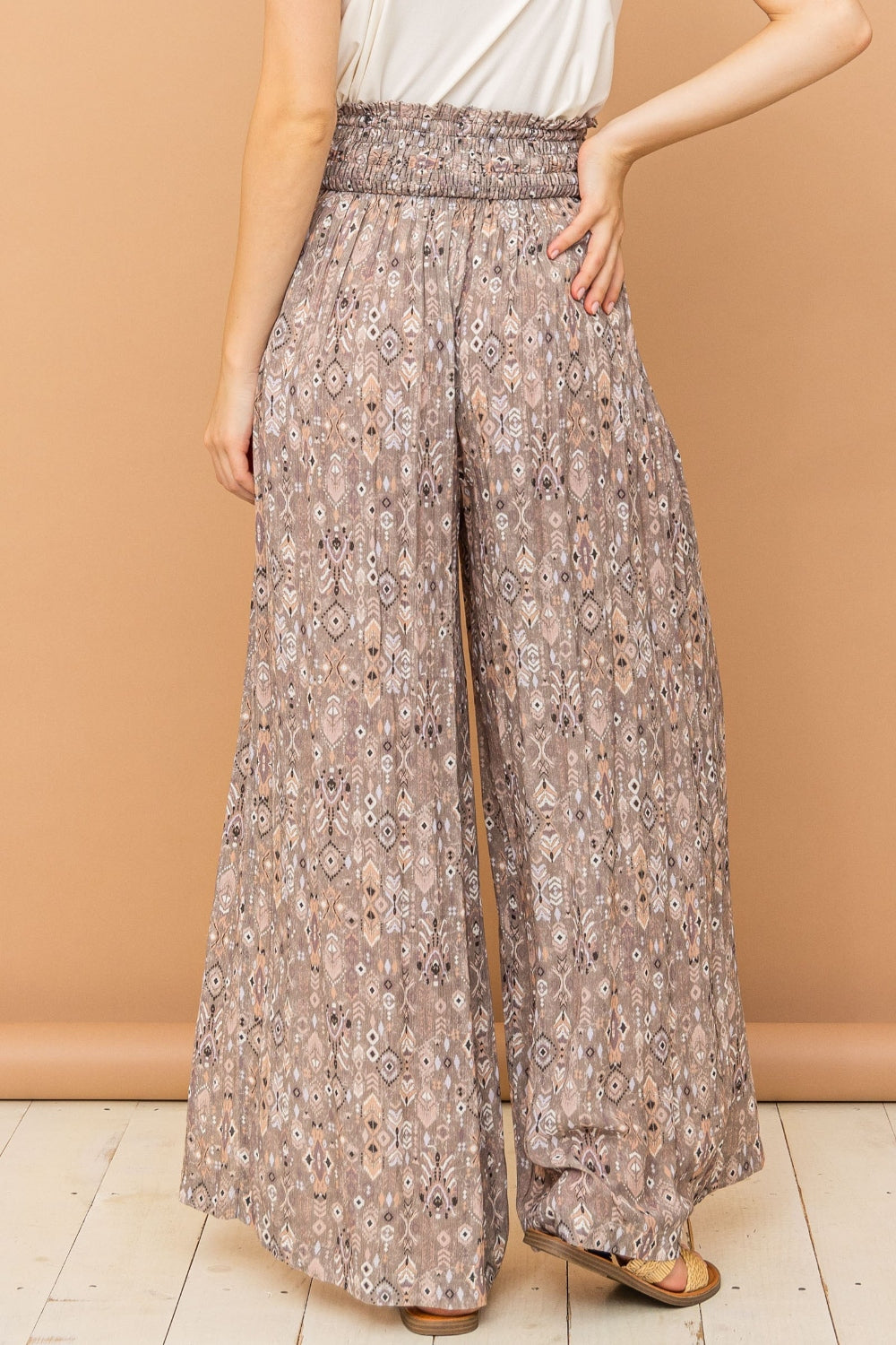 And The Why Printed Smocked Waist Slit Wide Leg Pants - Charming Charlie