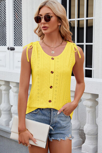 Eyelet Round Neck Wide Strap Tank - Charming Charlie