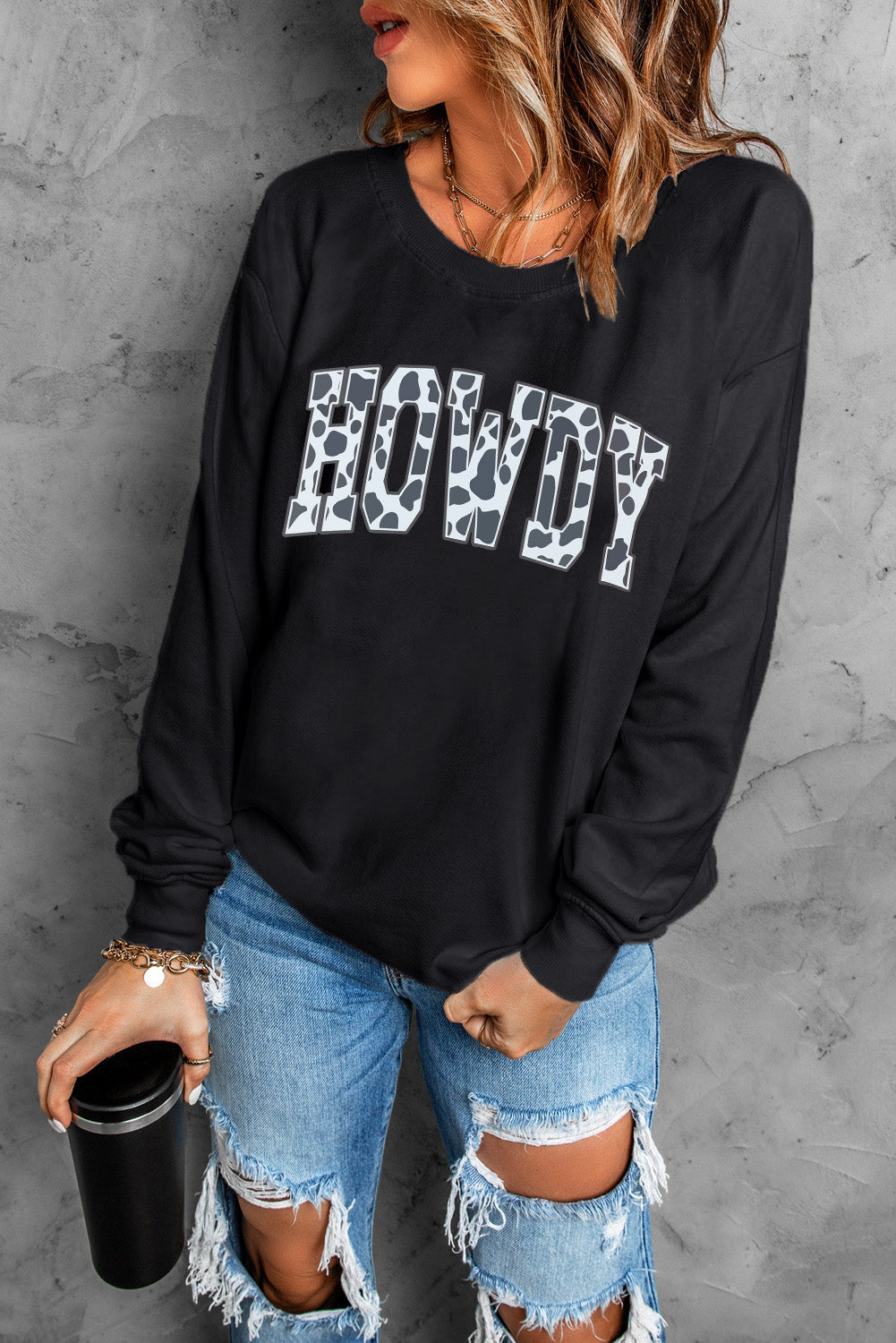 Round Neck Long Sleeve Howdy Graphic Sweatshirt - Charming Charlie