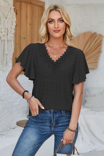 Eyelet Applique V-Neck Cap Sleeve T-Shirt - Charming Charlie