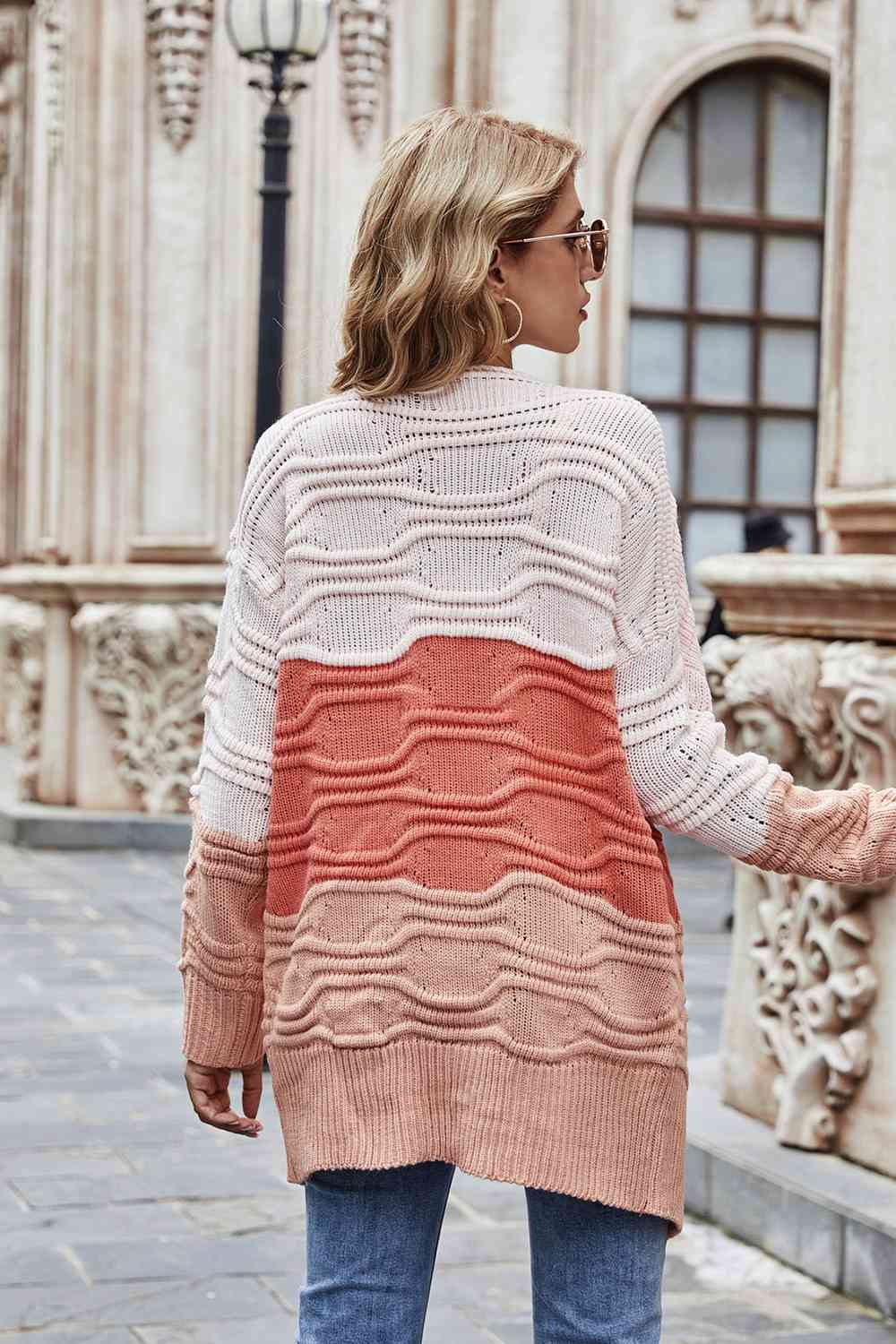 Color Block Openwork Open Front Cardigan - Charming Charlie