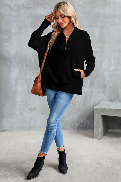 Half Zip Pocketed Dropped Shoulder Sweatshirt - Charming Charlie