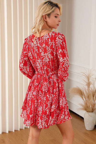 Printed Surplice Balloon Sleeve Layered Dress - Charming Charlie