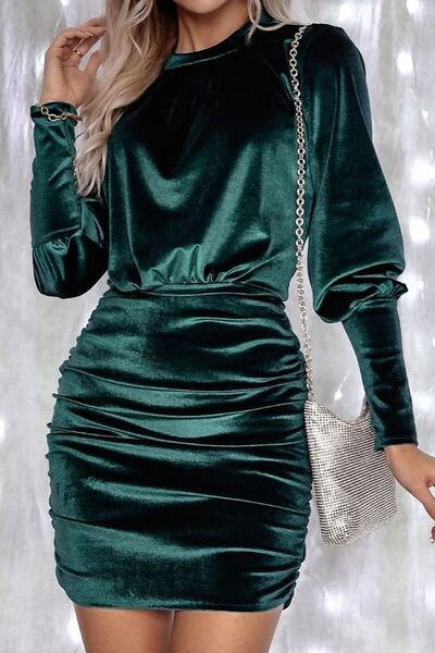 Ruched Round Neck Lantern Sleeve Mini Dress - Charming Charlie