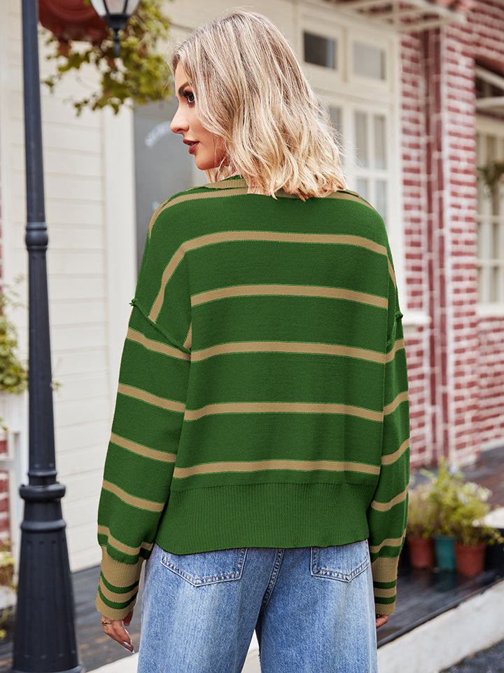 Striped Dropped Shoulder Notched Neck Knit Top - Charming Charlie