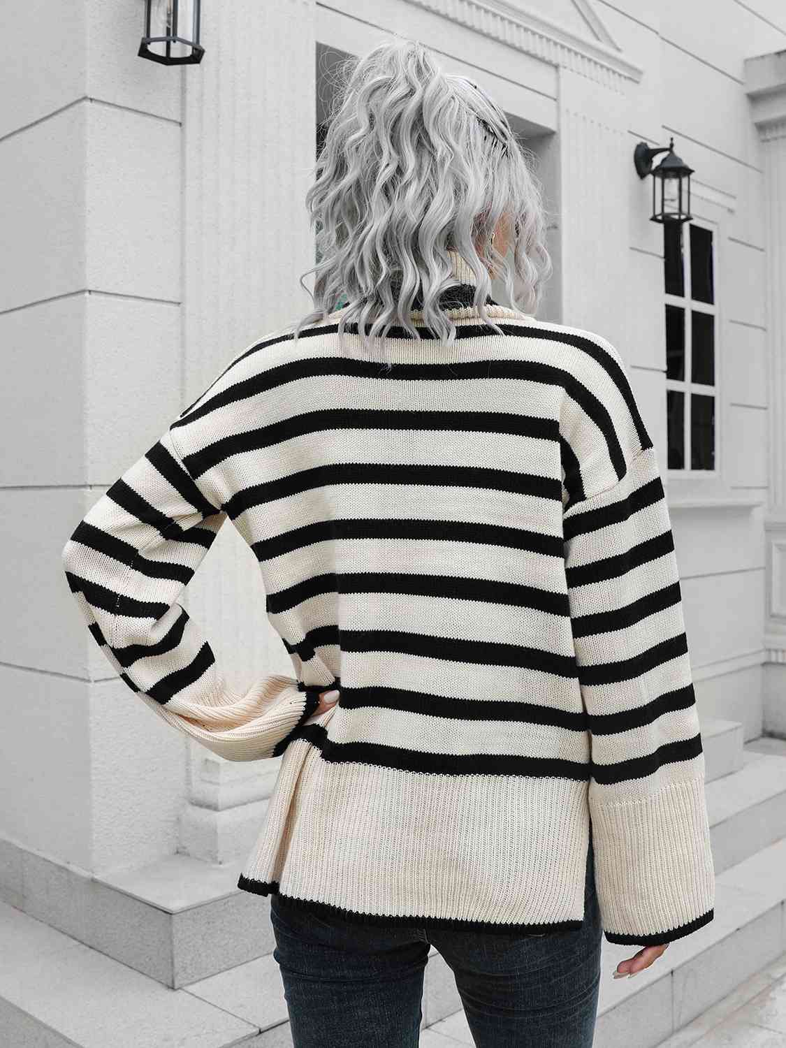 Striped Slit Turtleneck Drop Shoulder Sweater - Charming Charlie