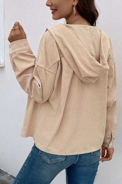 Ribbed Button Up Drawstring Hooded Jacket - Charming Charlie