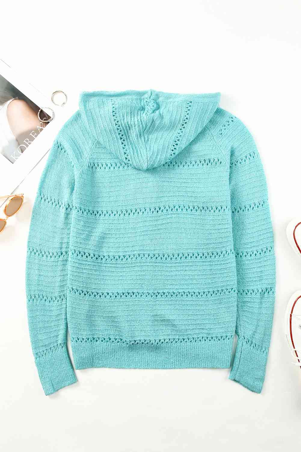 Zip-Up Raglan Sleeve Openwork Hooded Cardigan - Charming Charlie