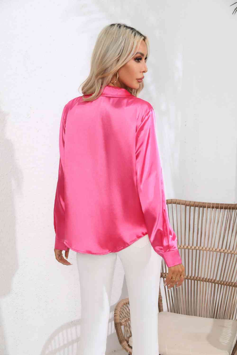 Lapel Collar Button Up Long Sleeve Shirt - Charming Charlie