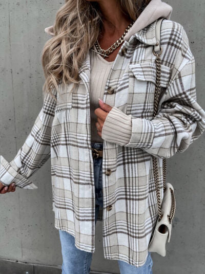 Plaid Dropped Shoulder Hooded Jacket - Charming Charlie