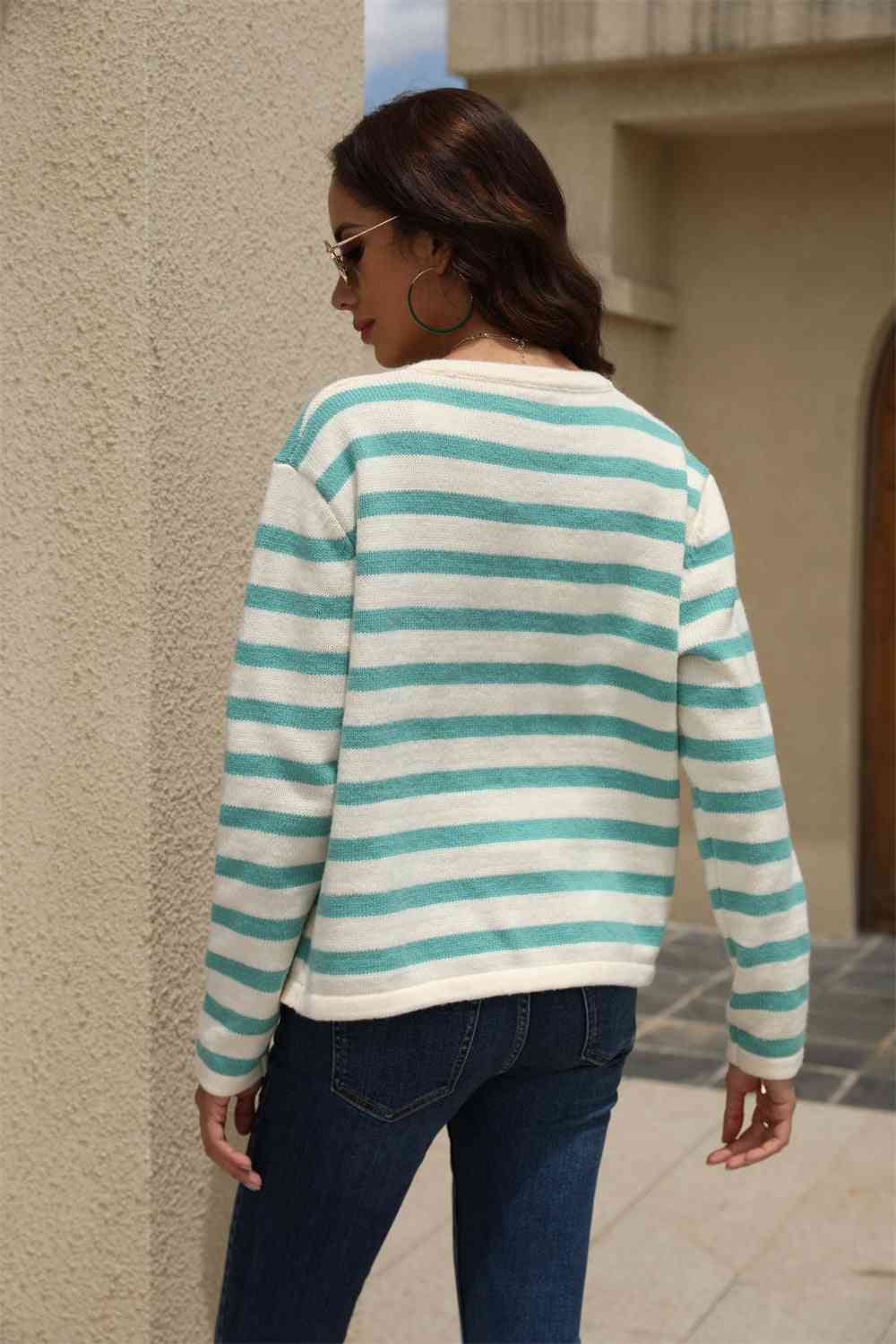 Striped Round Neck Button-Down Dropped Shoulder Cardigan - Charming Charlie