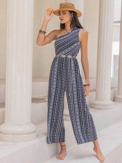 Printed Single Shoulder Sleeveless Jumpsuit - Charming Charlie
