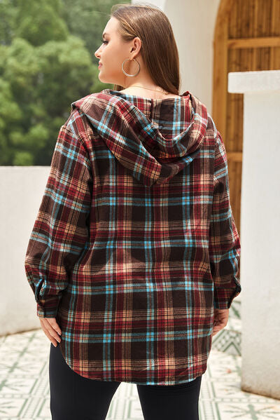 Plus Size Drawstring Plaid Quarter Button Hoodie - Charming Charlie