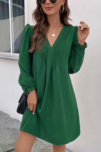 Ruched V-Neck Flounce Sleeve Dress - Charming Charlie