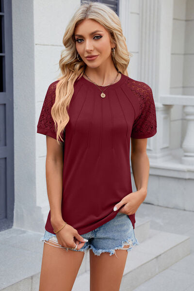 Openwork Round Neck Short Sleeve T-Shirt - Charming Charlie