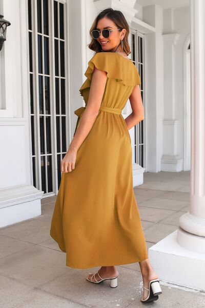 Ruffled Surplice Tie Waist Slit Midi Dress - Charming Charlie