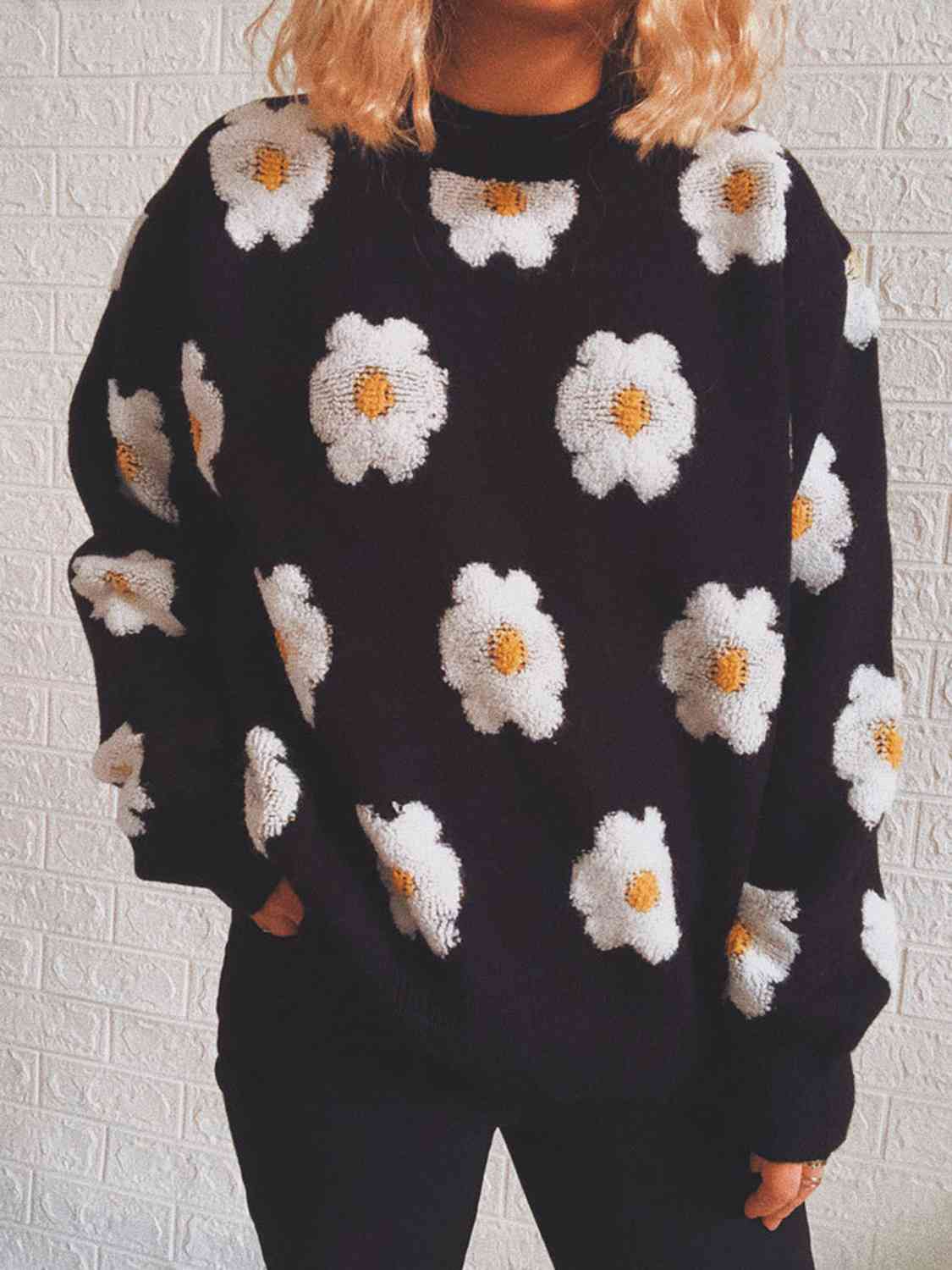 Flower Round Neck Long Sleeve Sweater - Charming Charlie