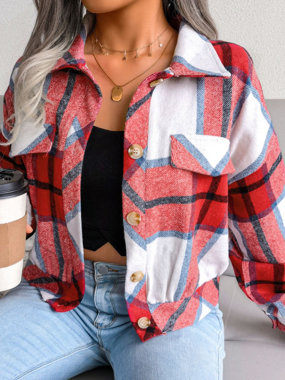 Plaid Collared Neck Drop Shoulder Jacket - Charming Charlie
