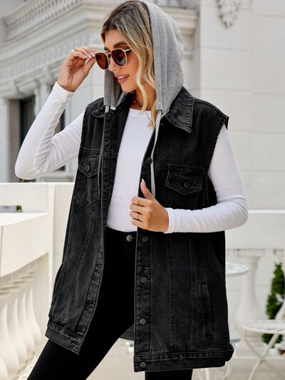 Drawstring Pocketed Button Up Sleeveless Denim Jacket - Charming Charlie