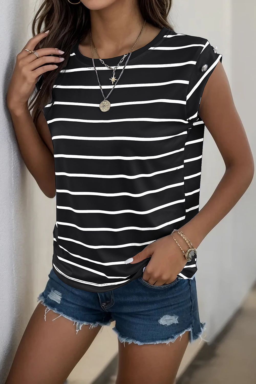 Decorative Button Round Neck T-Shirt - Charming Charlie