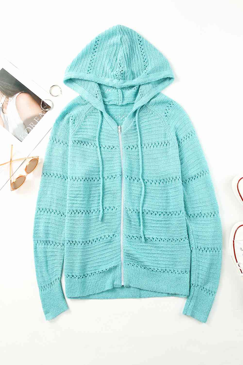 Zip-Up Raglan Sleeve Openwork Hooded Cardigan - Charming Charlie