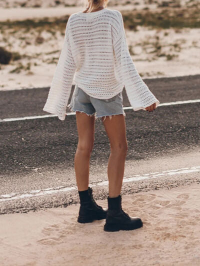 Openwork Round Neck Dropped Shoulder Knit Top - Charming Charlie