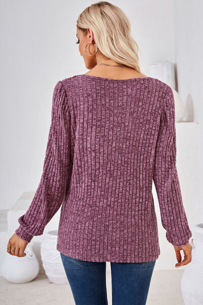 Ribbed Square Neck Long Sleeve T-Shirt - Charming Charlie