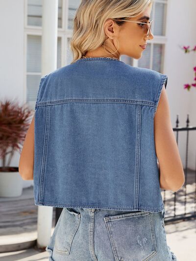 Pocketed Button Up Sleeveless Denim Jacket - Charming Charlie