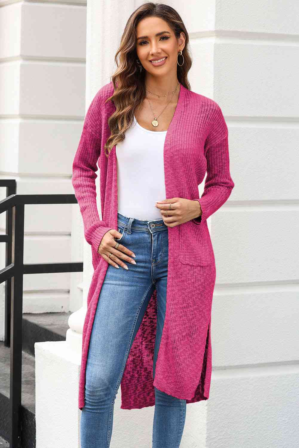 Open Front Slit Cardigan with Pockets - Charming Charlie