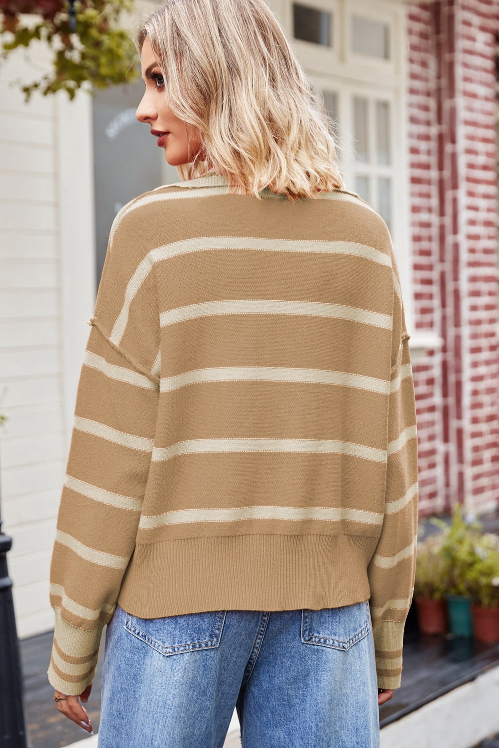 Striped Dropped Shoulder Notched Neck Knit Top - Charming Charlie