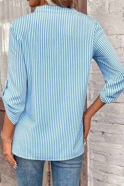 Striped Notched Roll-Tab Sleeve Shirt - Charming Charlie