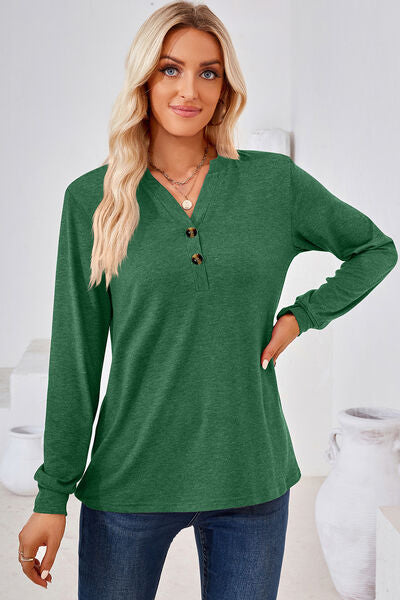 Notched Button Detail Long Sleeve T-Shirt - Charming Charlie