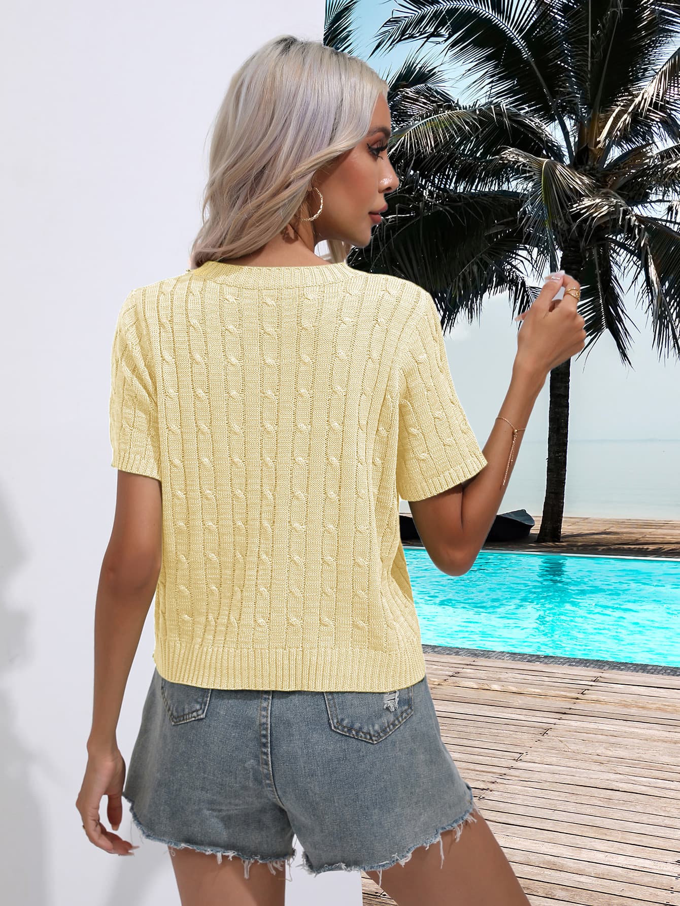 Cable-Knit Round Neck Short Sleeve Knit Top - Charming Charlie