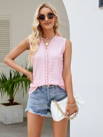 Eyelet Lace Detail V-Neck Tank - Charming Charlie