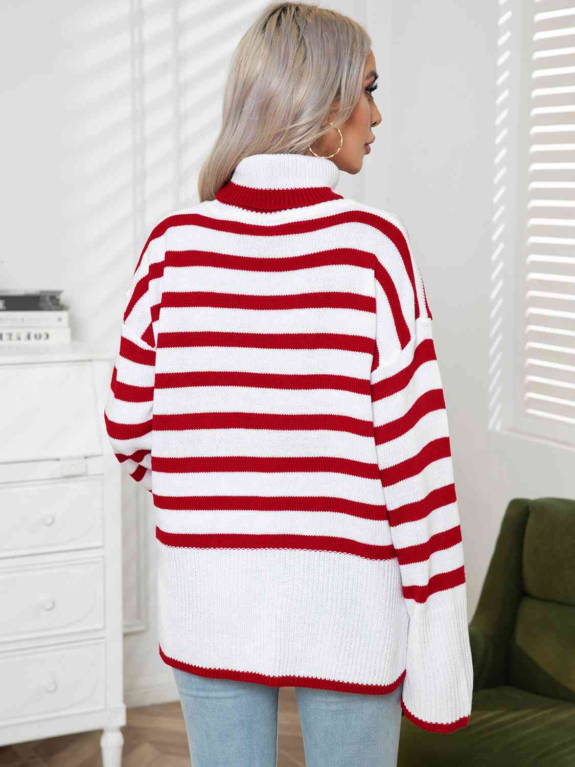 Striped Slit Turtleneck Drop Shoulder Sweater - Charming Charlie