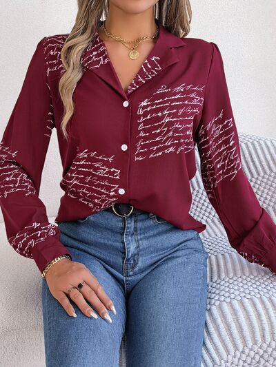 Letter Printed Button Up Long Sleeve Blouse - Charming Charlie