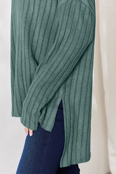 Basic Bae Full Size Ribbed Half Button Long Sleeve High-Low T-Shirt - Charming Charlie