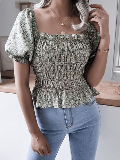 Frill Smocked Square Neck Short Sleeve Blouse - Charming Charlie