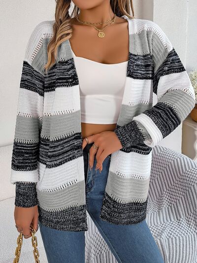Openwork Striped Open Front Cardigan - Charming Charlie