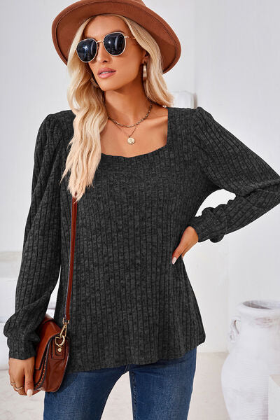 Ribbed Square Neck Long Sleeve T-Shirt - Charming Charlie