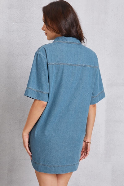 Pocketed Collared Neck Mini Denim Dress - Charming Charlie