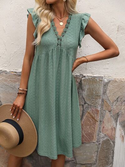 Lace Detail Ruffled V-Neck Mini Dress - Charming Charlie